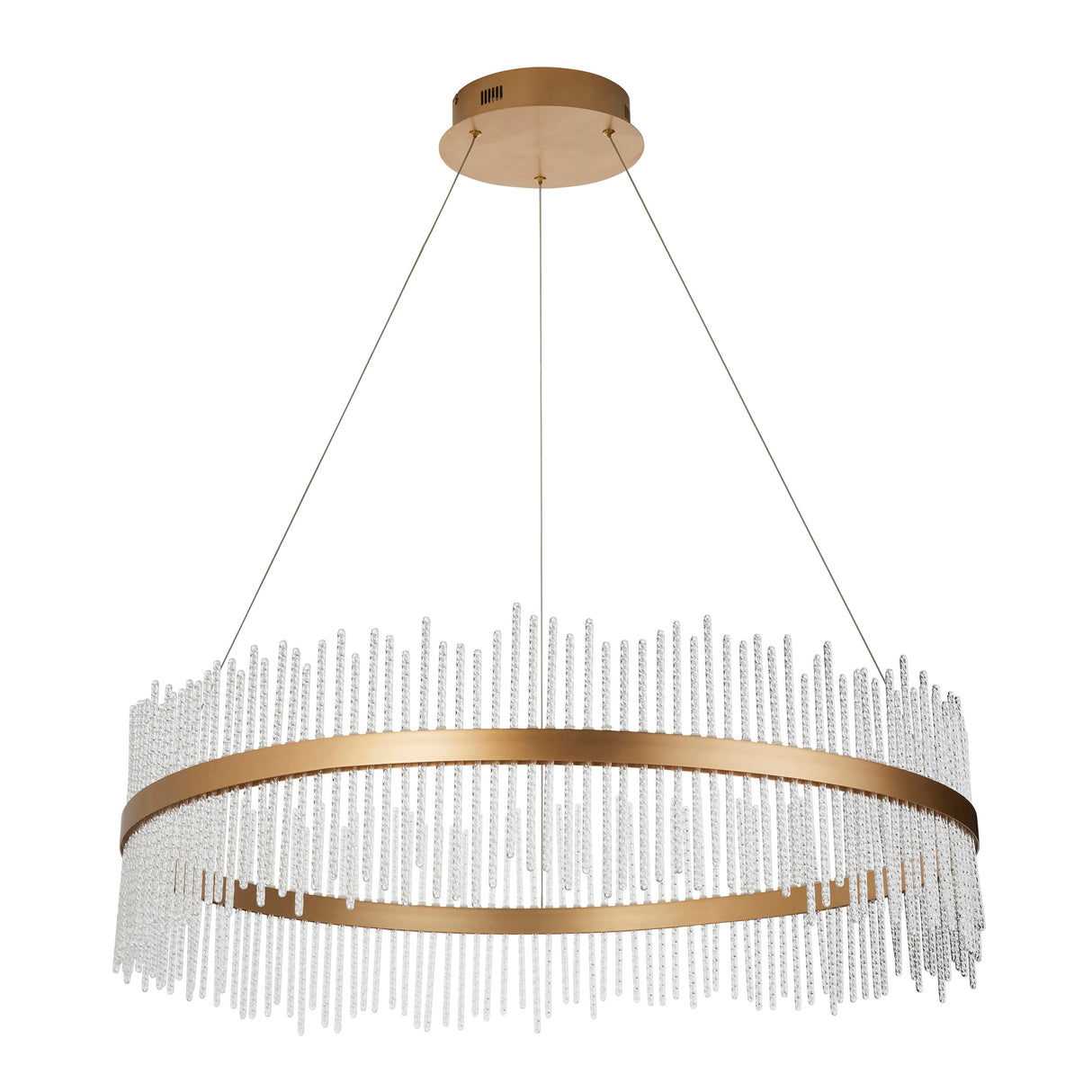 Rookhurst Rod Grand Pendant in gold by Lighting No.1, a wide round contemporary fixture with clear glass rods around a gold metal frame.