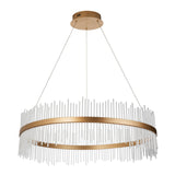Rookhurst Rod Grand Pendant in gold by Lighting No.1, a wide round contemporary fixture with clear glass rods around a gold metal frame.