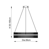 Dimensions diagram of the Rookhurst Rod Grand Pendant from Lighting No.1, showing 89cm diameter and adjustable height of 35–165cm.