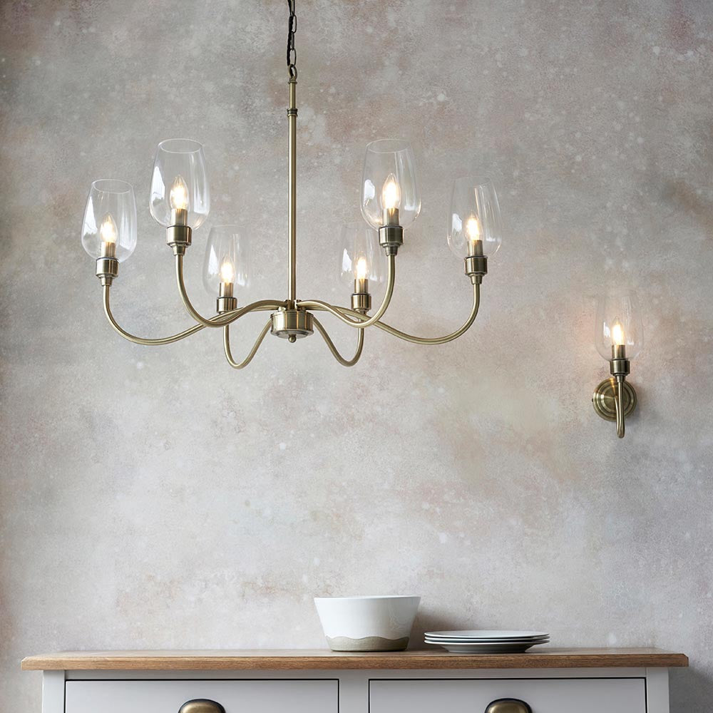 Wraymoor 6 Light Pendant - Antique Brass Clear