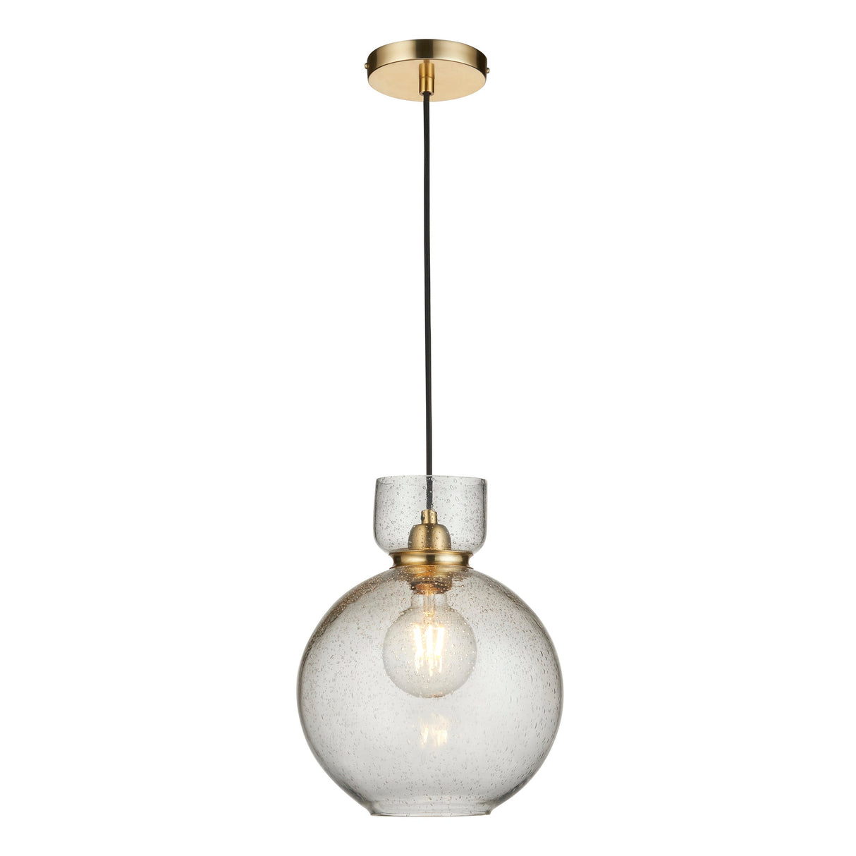 Yarnwell Bubble Pendant in clear seeded glass with a brass ceiling plate and black cord, shown lit with a filament E27 lamp on a white background.