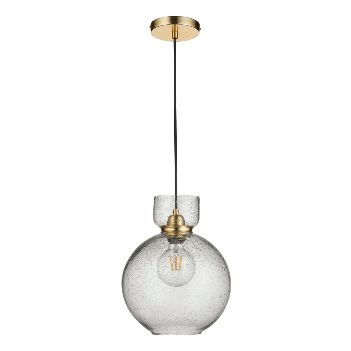 Yarnwell Bubble Pendant by Lighting No.1 with clear seeded glass globe shade, brass ceiling plate and black cord, shown on a white background.