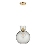 Yarnwell Bubble Pendant by Lighting No.1 with clear seeded glass globe shade, brass ceiling plate and black cord, shown on a white background.