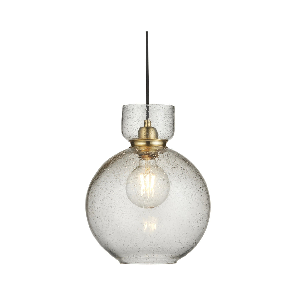 Yarnwell Bubble Pendant in clear bubbled glass with a round dome, brass-toned fitting, and black cord, shown lit against a white background.