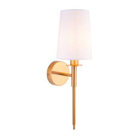 Elverton Vintage Wall Light by Lighting No.1 in brass with a tall tapered white shade and slender downward stem, shown on a plain white background.