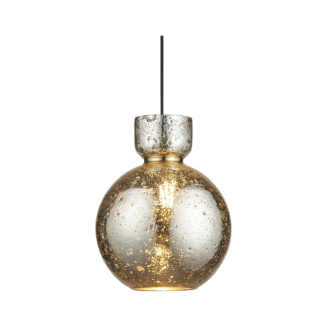 Yarnwell Mercury Pendant from Lighting No.1, a 260mm mottled silvered glass globe with brass collar on a black cord, shown on a white background.
