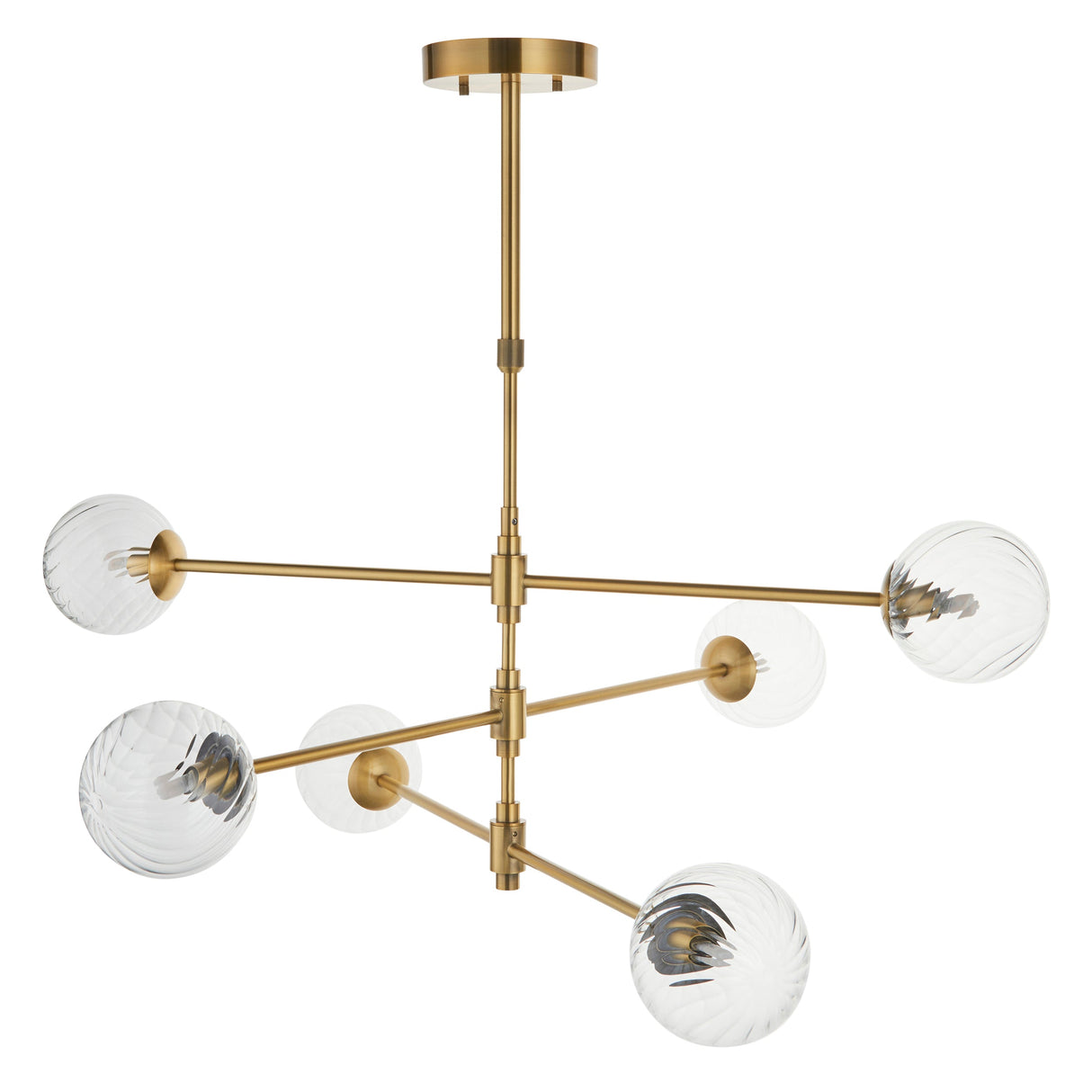 Mossgrove Twisted 6 Light Pendant in brushed aged brass with six angled arms holding twisted clear glass globe shades, shown on a white background.