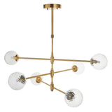 Mossgrove Twisted 6 Light Pendant in brushed aged brass with six angled arms holding twisted clear glass globe shades, shown on a white background.