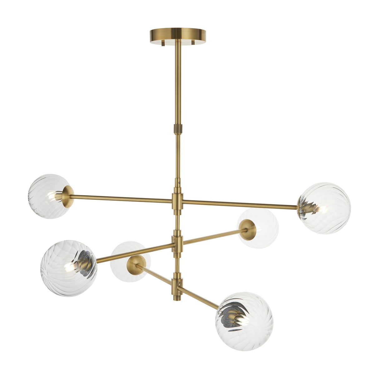 Mossgrove Twisted 6 Light Pendant in brushed aged brass with six twisted clear glass globe shades on splayed arms, shown on a white background.