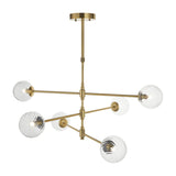 Mossgrove Twisted 6 Light Pendant in brushed aged brass with six twisted clear glass globe shades on splayed arms, shown on a white background.