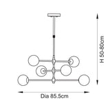 Dimension diagram of the Mossgrove Twisted 6 Light Pendant from Lighting No.1, showing 85.5cm diameter and adjustable 50-80cm height.