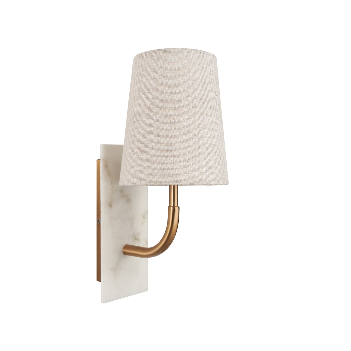 Fernhaven vintage curved arm wall light with tapered linen shade, brass arm, and white marble backplate by Lighting No.1 on a white background.