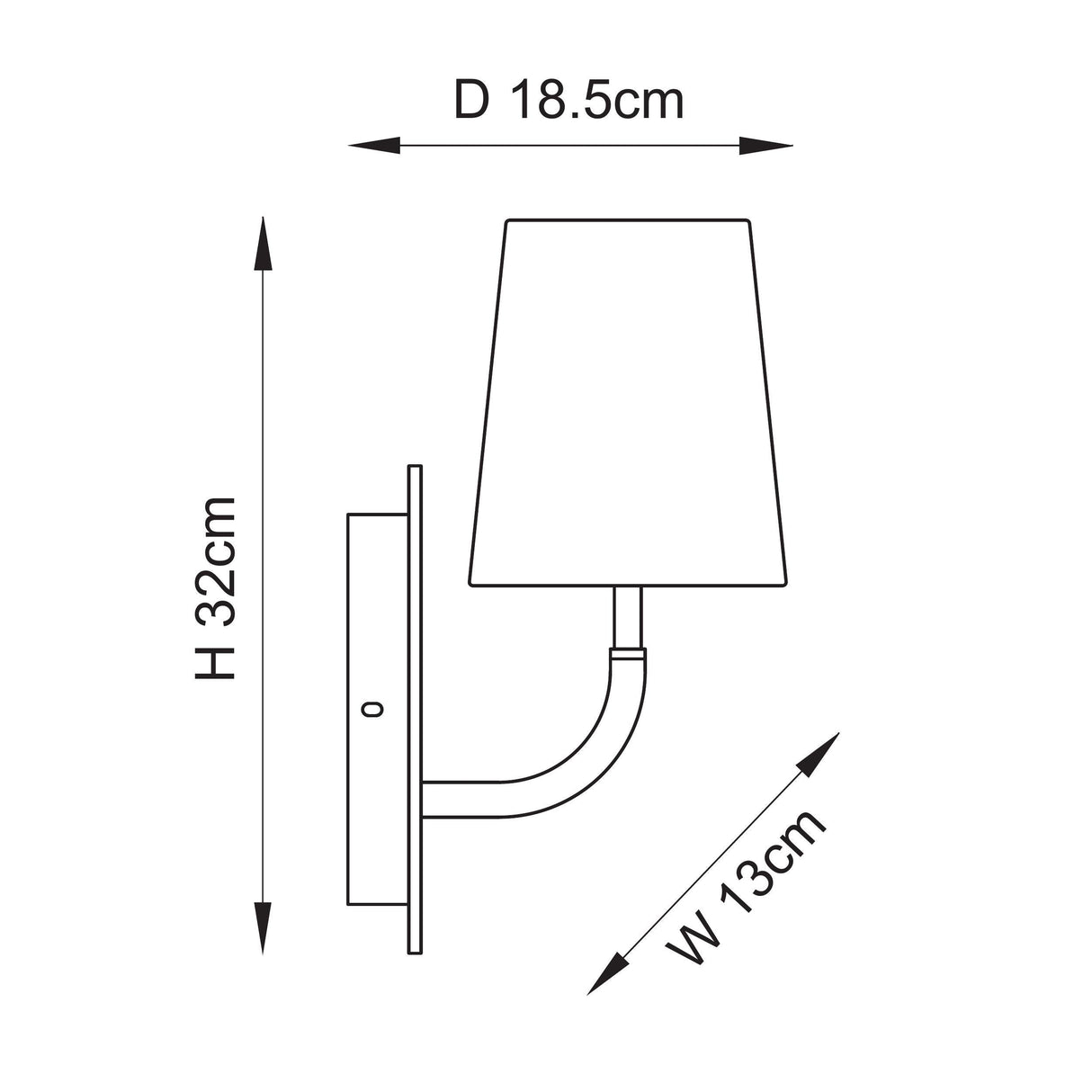 Dimension diagram of the Fernhaven curved arm tapered wall light showing 32cm height, 18.5cm depth and 13cm width on a white background.