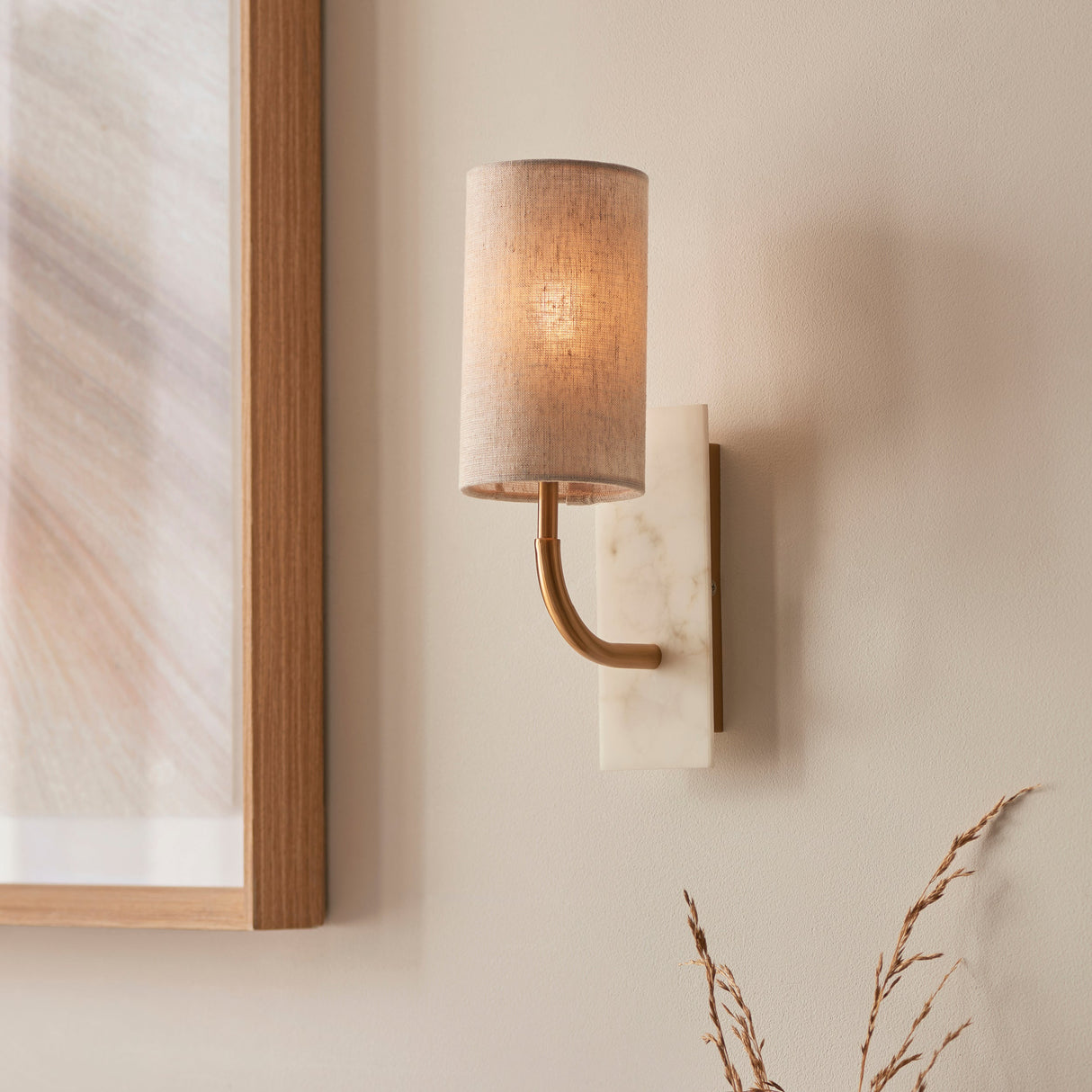 Fernhaven Vintage Curved Arm Wall Light - Brass White Marble