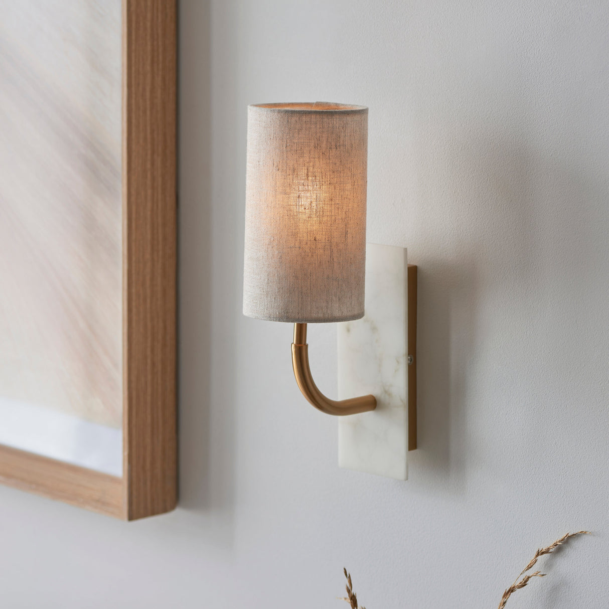 Fernhaven Vintage Curved Arm Wall Light - Brass White Marble