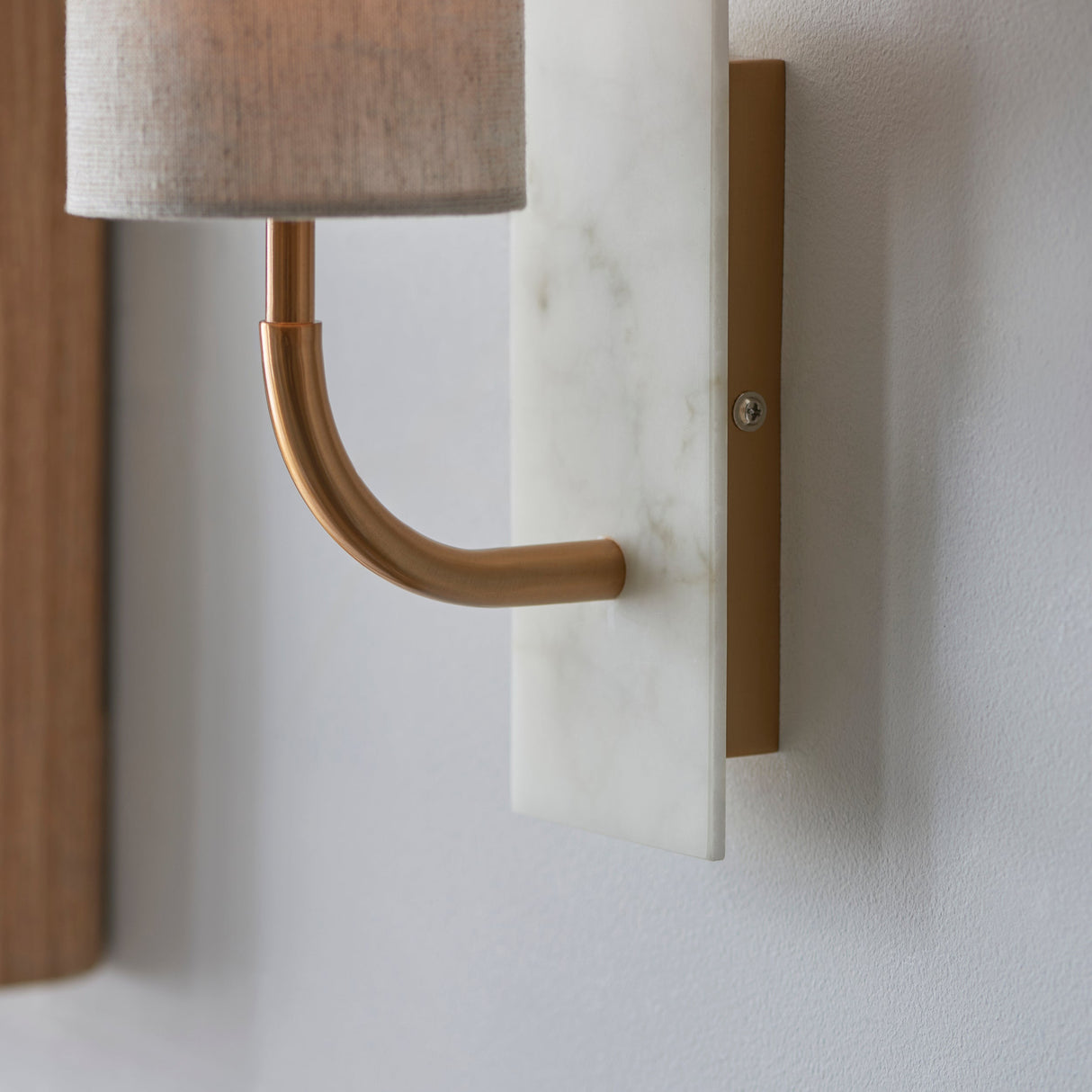 Fernhaven Vintage Curved Arm Wall Light - Brass White Marble