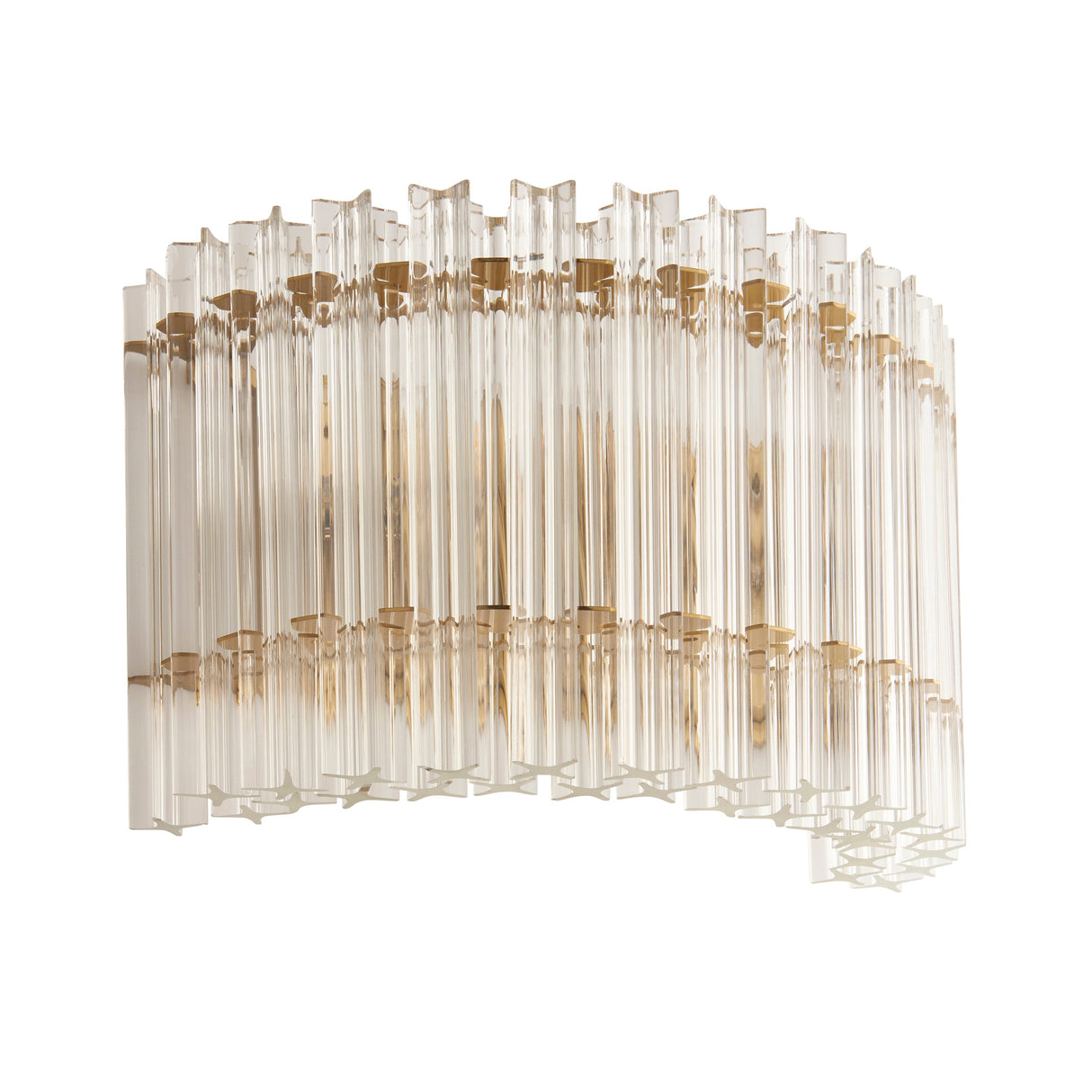Nettlecote 2 Light Wall Light by Lighting No.1 with clear ridged glass rods in a curved brushed aged brass frame, shown on a white background.