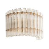 Nettlecote 2 Light Wall Light by Lighting No.1 with clear ridged glass rods in a curved brushed aged brass frame, shown on a white background.