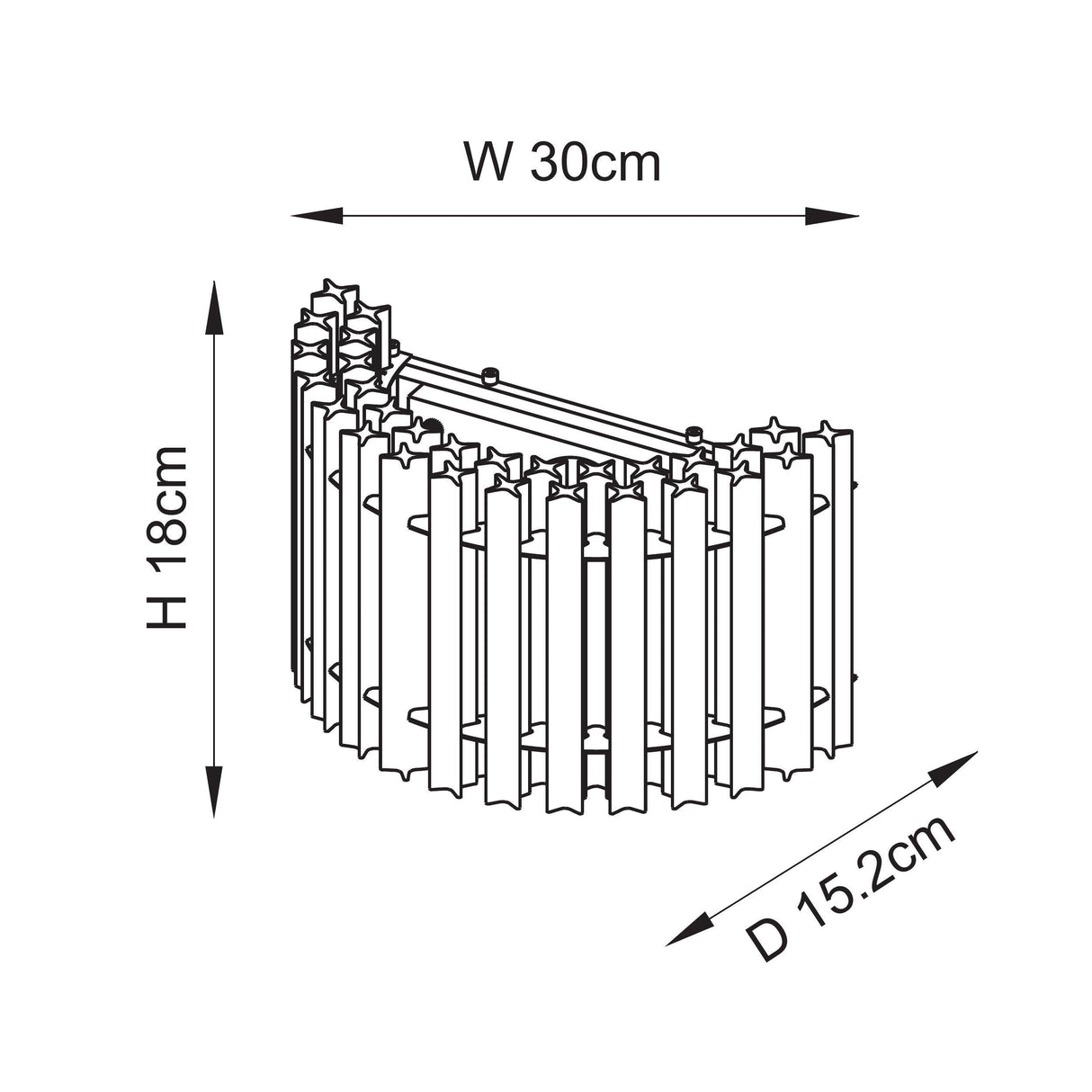 Dimensioned line drawing of the Lighting No.1 Nettlecote 2 Light Wall Light showing width 30cm, height 18cm and depth 15.2cm.