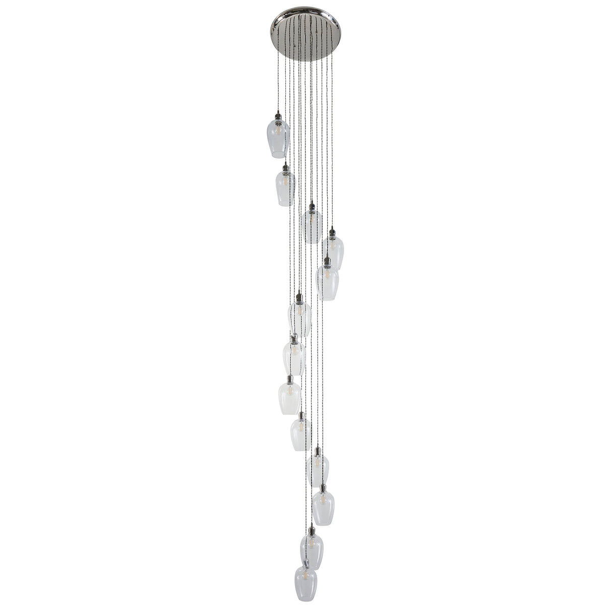 Lighting No.1 Quilbrook Cascade 13 light pendant with clear glass globes staggered in a spiral drop from a round bright nickel ceiling plate.