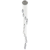 Lighting No.1 Quilbrook Cascade 13 light pendant with clear glass globes staggered in a spiral drop from a round bright nickel ceiling plate.