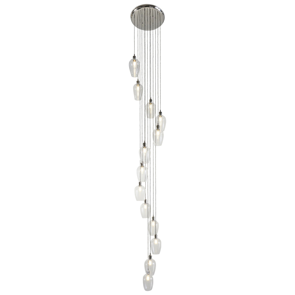 Lighting No.1 Quilbrook Cascade 13 light pendant with clear glass globes staggered in a spiral drop from a round bright nickel ceiling plate.