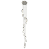 Lighting No.1 Quilbrook Cascade 13 light pendant with clear glass globes staggered in a spiral drop from a round bright nickel ceiling plate.