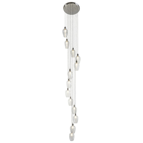 Lighting No.1 Quilbrook Cascade 13 light pendant with clear glass globes staggered in a spiral drop from a round bright nickel ceiling plate.