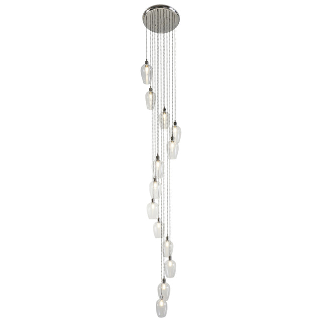 Lighting No.1 Quilbrook Cascade 13 light pendant with clear glass globes staggered in a spiral drop from a round bright nickel ceiling plate.
