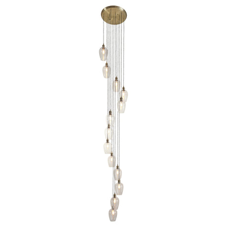 Quilbrook Cascade 13 light pendant from Lighting No.1 in antique brass with clear glass globes staggered on a long vertical drop from a round plate.