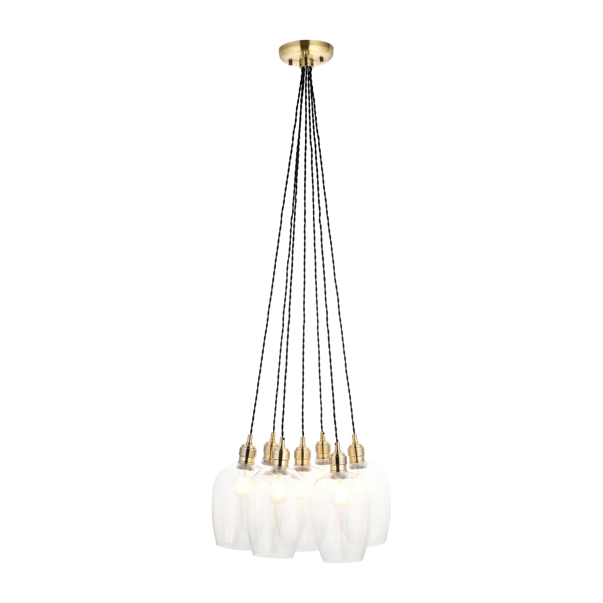 Lighting No.1 Quilbrook cluster pendant with seven clear glass globes suspended on black twisted cords from an antique brass ceiling plate.