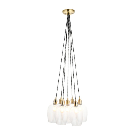 Lighting No.1 Quilbrook cluster pendant with seven clear glass globes suspended on black twisted cords from an antique brass ceiling plate.