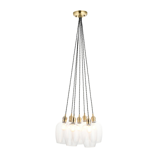 Lighting No.1 Quilbrook cluster pendant with seven clear glass globes suspended on black twisted cords from an antique brass ceiling plate.