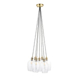 Quilbrook Cluster 7 Light Pendant by Lighting No.1 in antique brass with clear glass globes suspended on black twisted cords against a white background.