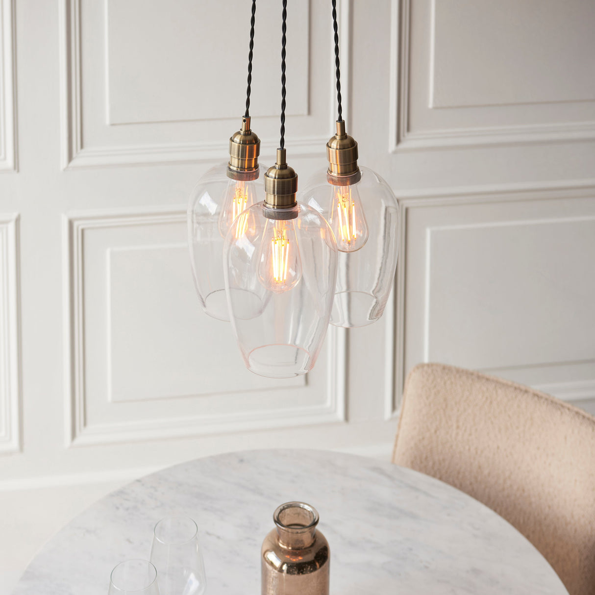 Quilbrook Cluster 3 Light Pendant - Antique Brass Clear