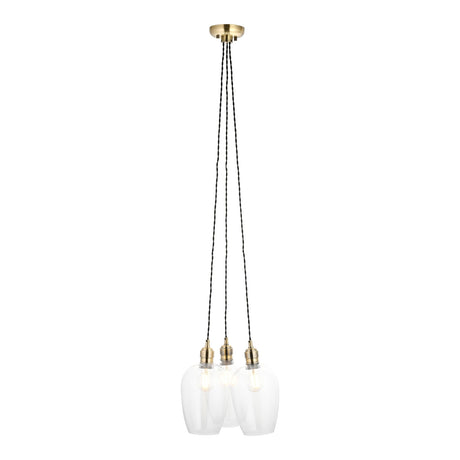 Quilbrook Cluster 3 Light Pendant by Lighting No.1 in antique brass with three clear glass globes on twisted black cords, shown on white.