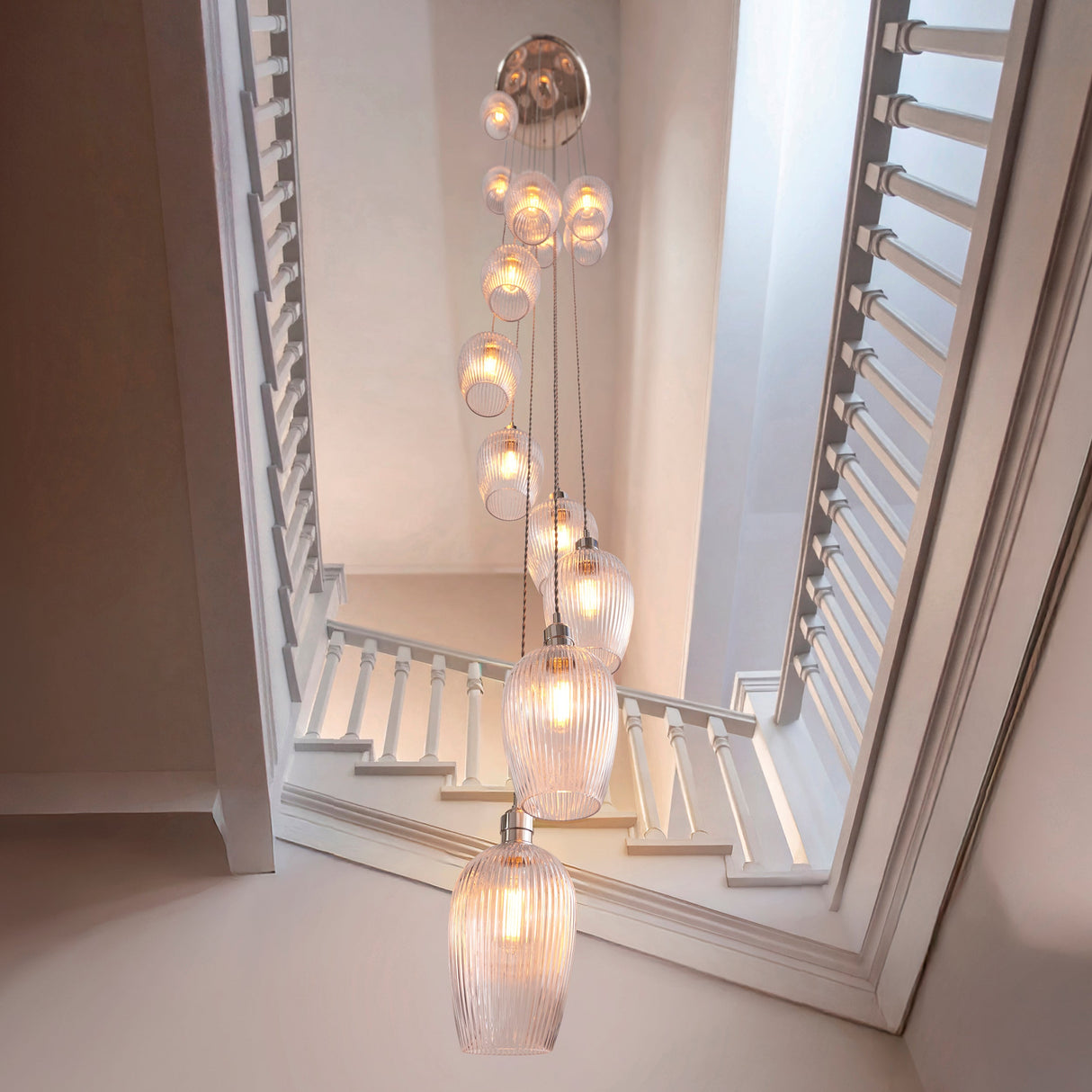 Fennhollow Ribbed Cascade 13 Light Pendant - Bright Nickel Clear