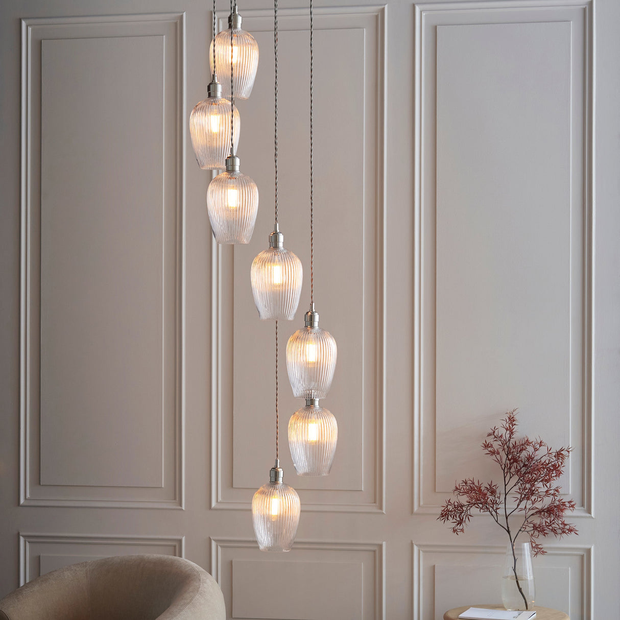 Fennhollow Ribbed Cascade 7 Light Pendant - Bright Nickel Clear