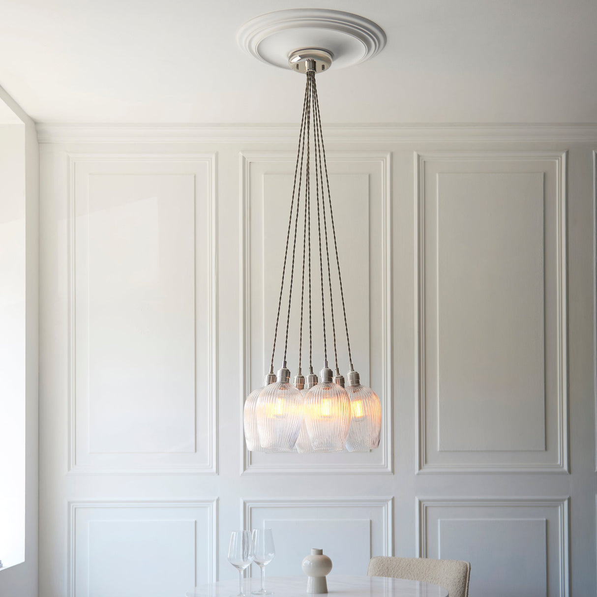 Fennhollow Ribbed Cluster 7 Light Pendant - Bright Nickel Clear