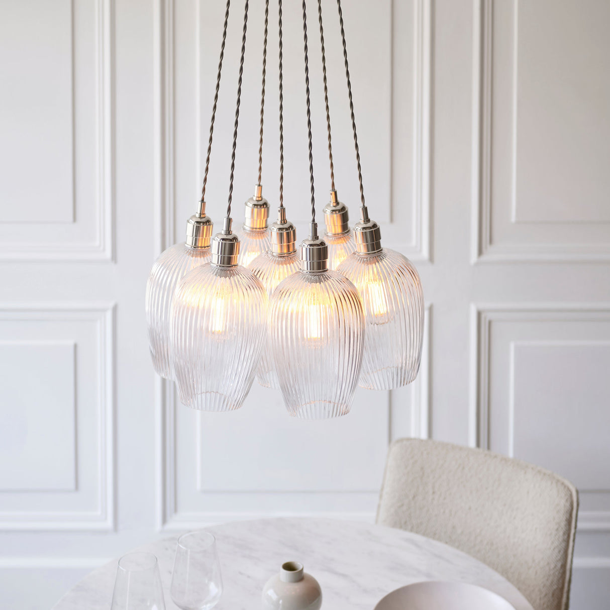 Fennhollow Ribbed Cluster 7 Light Pendant - Bright Nickel Clear