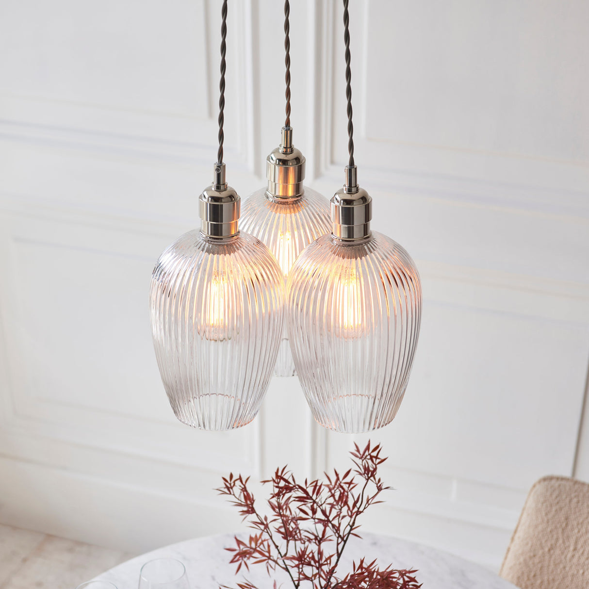 Fennhollow Ribbed Cluster 3 Light Pendant - Bright Nickel Clear