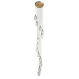 Fennhollow Ribbed Cascade 13 Light Pendant in antique brass with ribbed clear glass globes staggered in a spiral drop from a round ceiling plate.