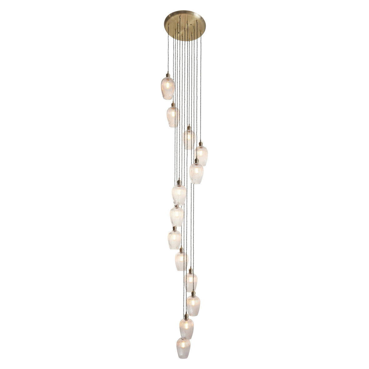 Fennhollow Ribbed Cascade 13 light pendant by Lighting No.1, ribbed clear glass globes on staggered drops from an antique brass round plate.
