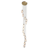 Fennhollow Ribbed Cascade 13 light pendant by Lighting No.1, ribbed clear glass globes on staggered drops from an antique brass round plate.