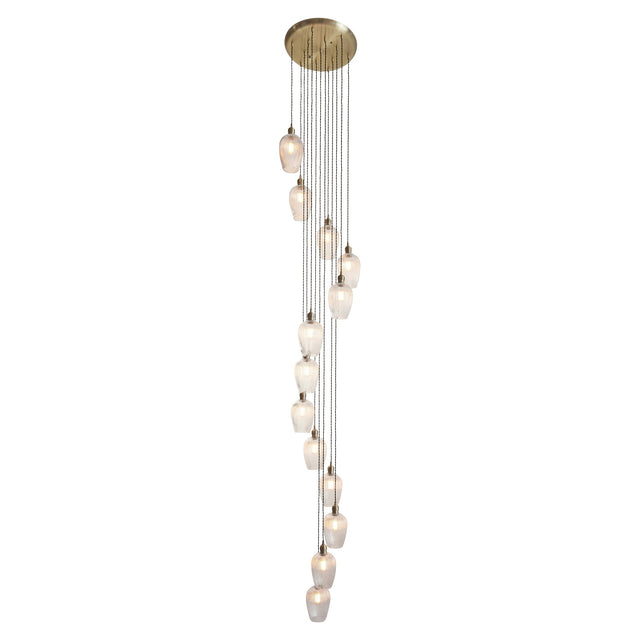 Fennhollow Ribbed Cascade 13 light pendant by Lighting No.1, ribbed clear glass globes on staggered drops from an antique brass round plate.