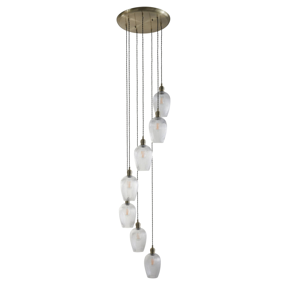 Fennhollow Ribbed Cascade 7 Light Pendant - Antique Brass Clear