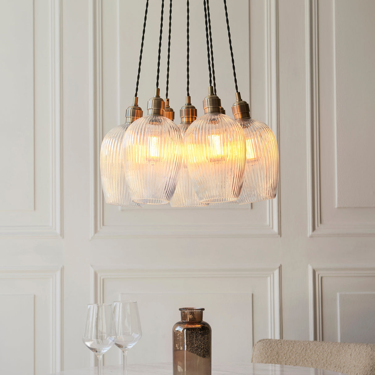 Fennhollow Ribbed Cluster 7 Light Pendant - Antique Brass Clear