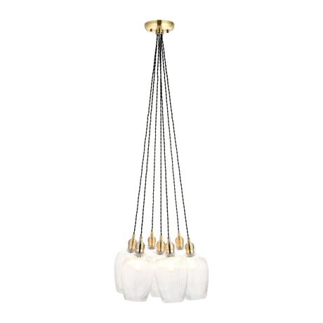 Fennhollow Ribbed Cluster 7 Light Pendant from Lighting No.1 in antique brass with clustered ribbed clear glass globes on black twisted cables.