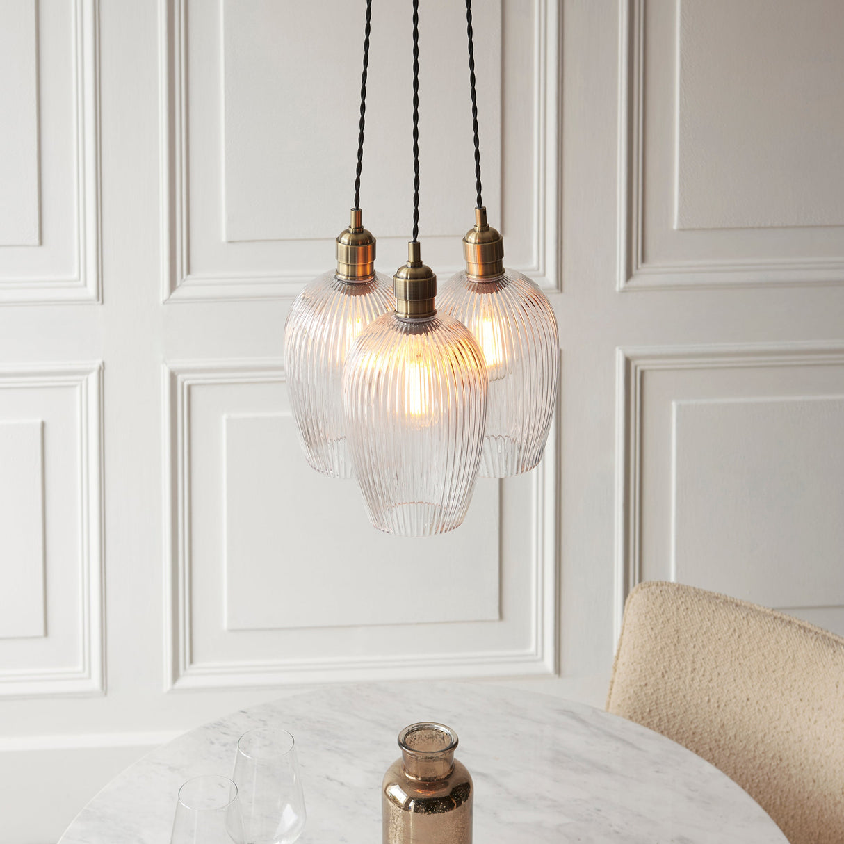 Fennhollow Ribbed Cluster 3 Light Pendant - Antique Brass Clear