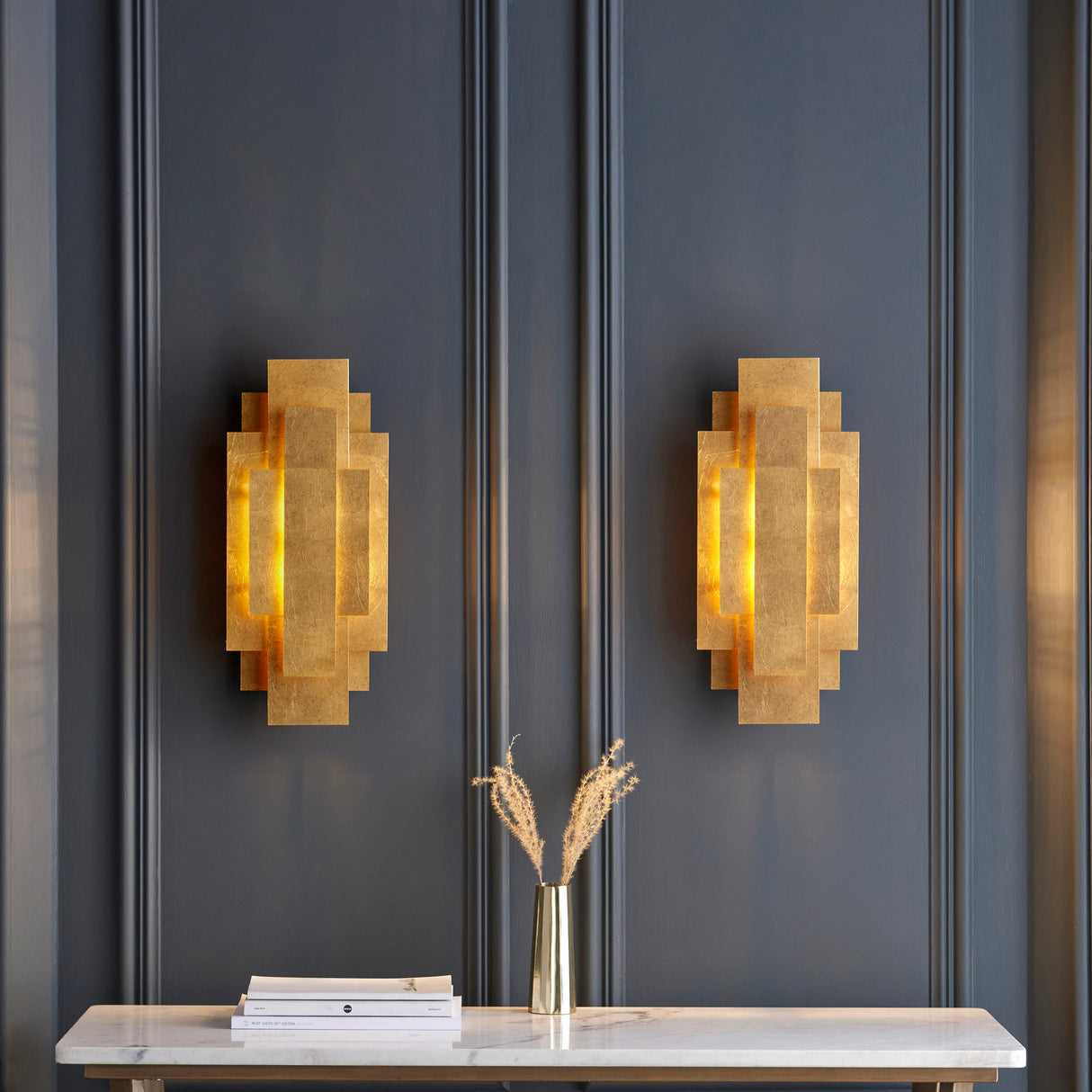 Dunmoor Rectangular Panel Twin Pack Wall Light - Gold